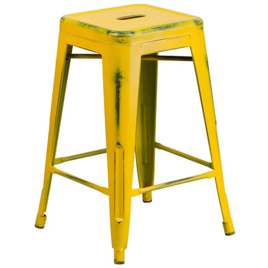 24'' High Backless Distressed Yellow Metal Indoor-Outdoor Counter Height Stool