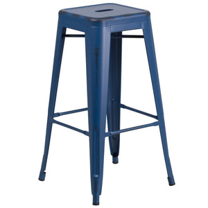 30'' High Backless Distressed Antique Blue Metal Indoor-Outdoor Barstool