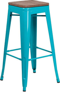 30" High Backless Crystal Teal-Blue Barstool with Square Wood Seat