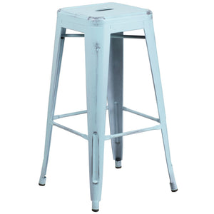 30'' High Backless Distressed Green-Blue Metal Indoor-Outdoor Barstool