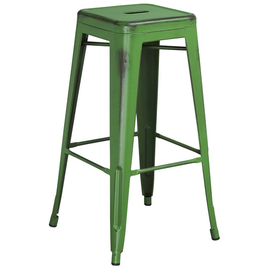 30'' High Backless Distressed Green Metal Indoor-Outdoor Barstool