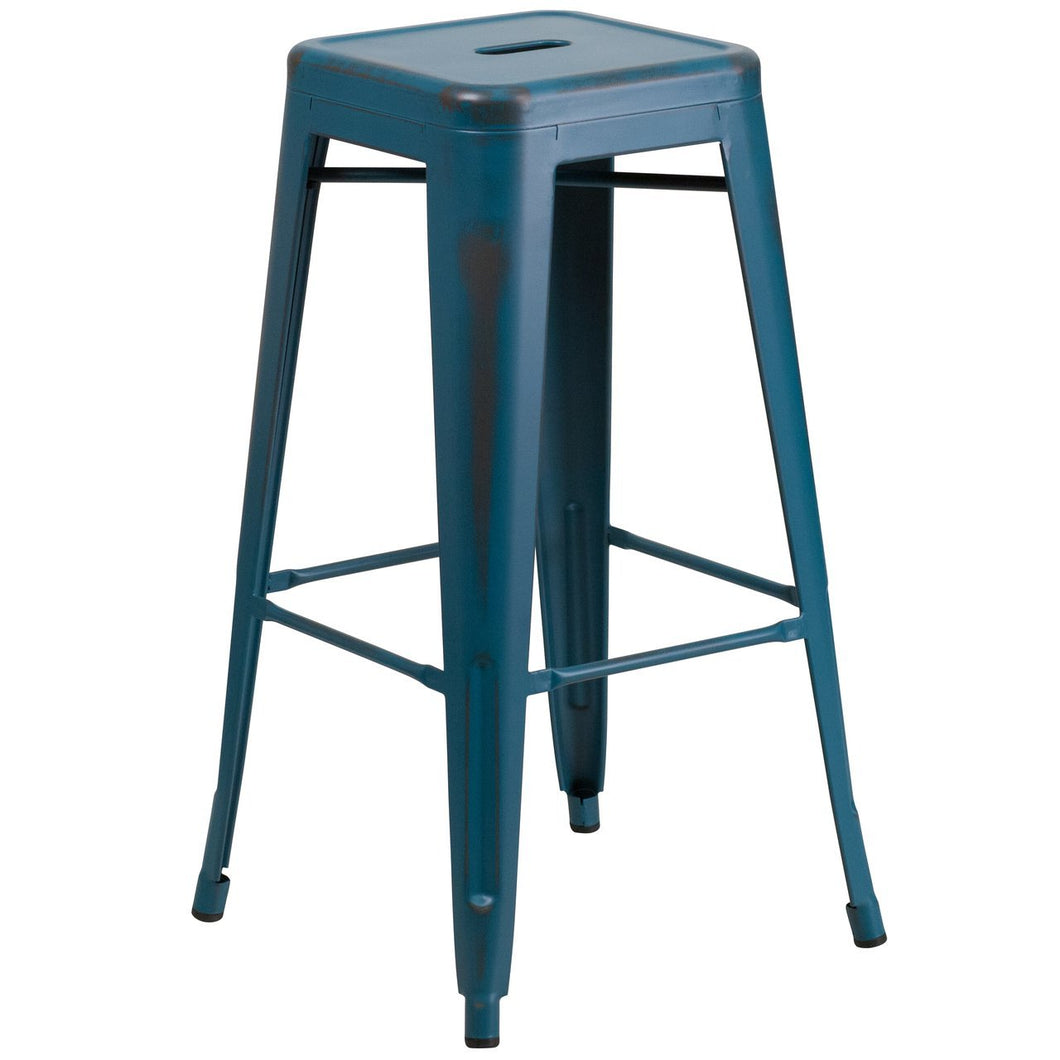 30'' High Backless Distressed Kelly Blue-Teal Metal Indoor-Outdoor Barstool