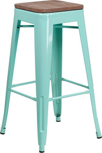 30" High Backless Mint Green Barstool with Square Wood Seat