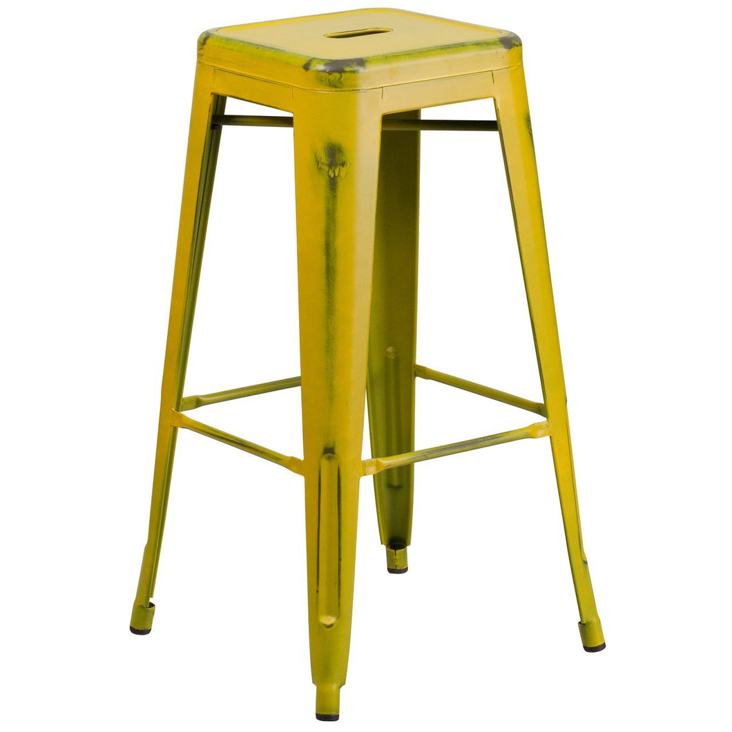 30'' High Backless Distressed Yellow Metal Indoor-Outdoor Barstool