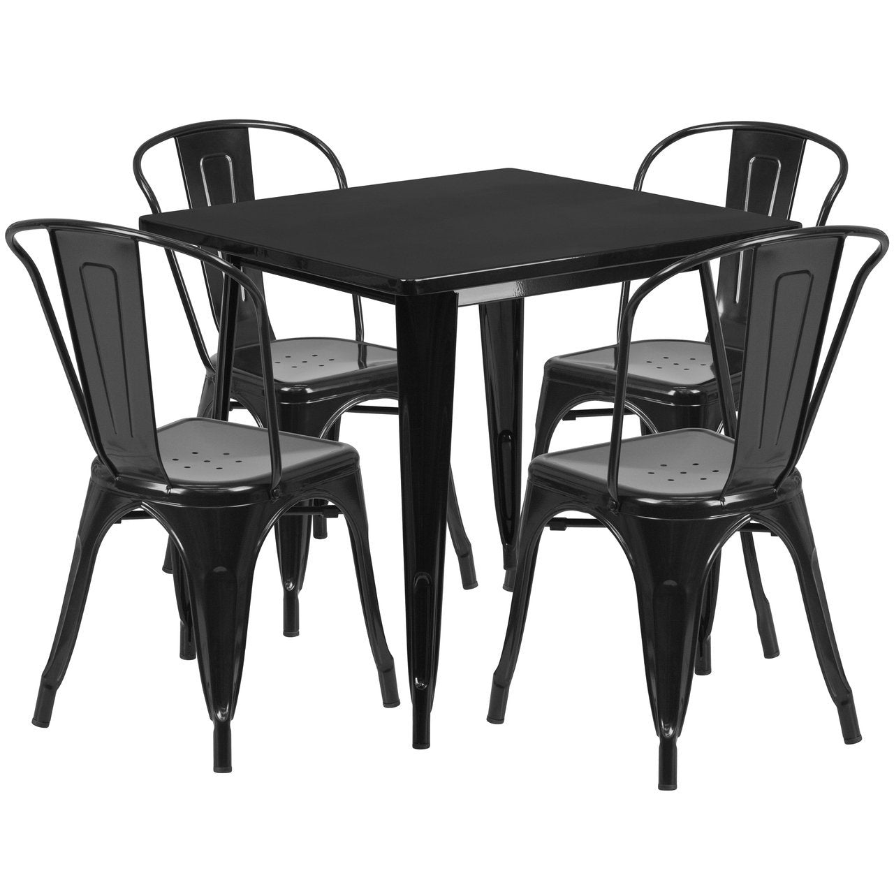 31.5'' Square Black Metal Indoor-Outdoor Table Set with 4 Stack Chairs