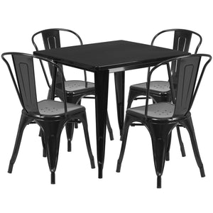 31.5'' Square Black Metal Indoor-Outdoor Table Set with 4 Stack Chairs