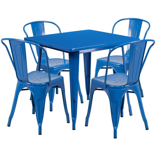 31.5'' Square Blue Metal Indoor-Outdoor Table Set with 4 Stack Chairs