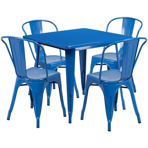 31.5'' Square Blue Metal Indoor-Outdoor Table Set with 4 Stack Chairs