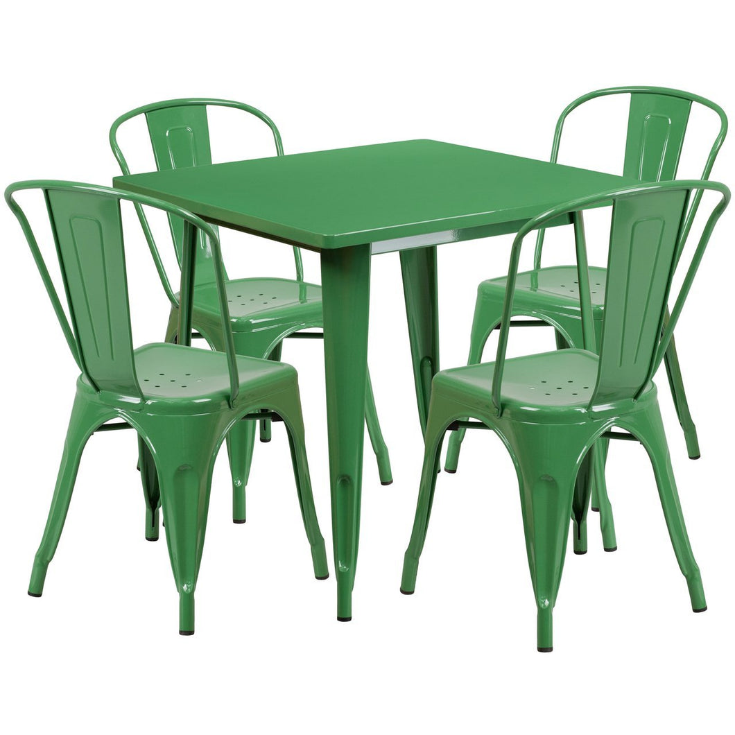 31.5'' Square Green Metal Indoor-Outdoor Table Set with 4 Stack Chairs