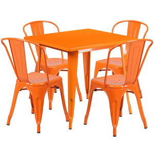31.5'' Square Orange Metal Indoor-Outdoor Table Set with 4 Stack Chairs