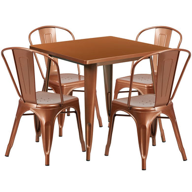 31.5'' Square Copper Metal Indoor-Outdoor Table Set with 4 Stack Chairs