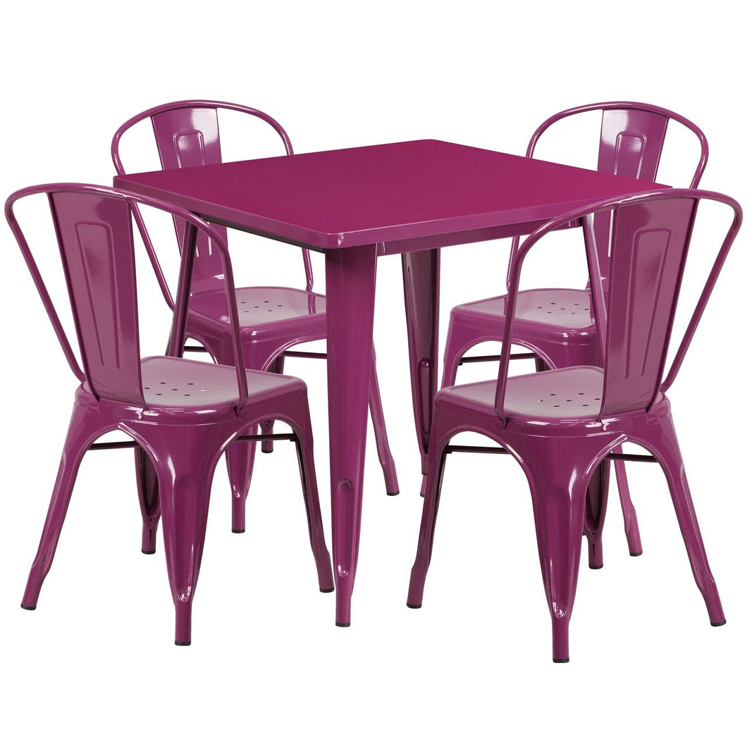31.5'' Square Purple Metal Indoor-Outdoor Table Set with 4 Stack Chairs