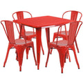 31.5'' Square Red Metal Indoor-Outdoor Table Set with 4 Stack Chairs