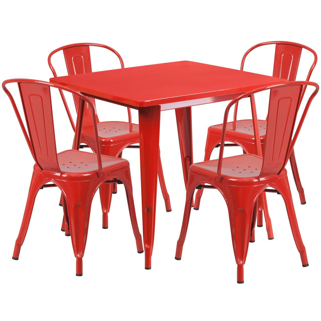 31.5'' Square Red Metal Indoor-Outdoor Table Set with 4 Stack Chairs