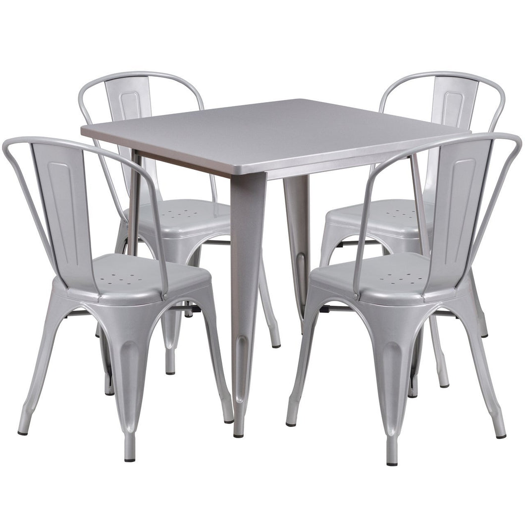 31.5'' Square Silver Metal Indoor-Outdoor Table Set with 4 Stack Chairs