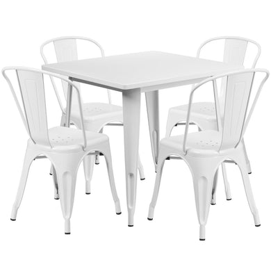 31.5'' Square White Metal Indoor-Outdoor Table Set with 4 Stack Chairs