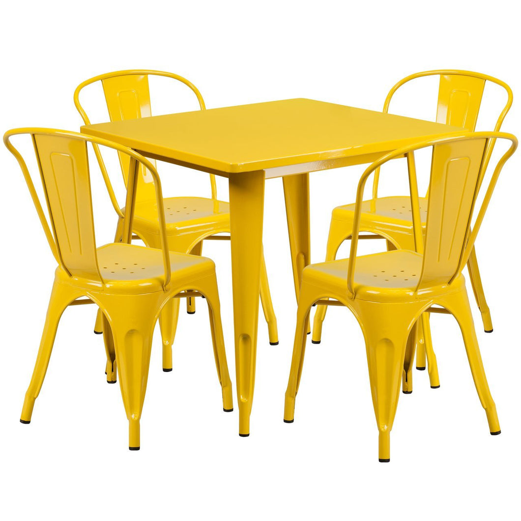31.5'' Square Yellow Metal Indoor-Outdoor Table Set with 4 Stack Chairs