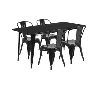 31.5'' x 63'' Rectangular Black Metal Indoor-Outdoor Table Set with 4 Stack Chairs