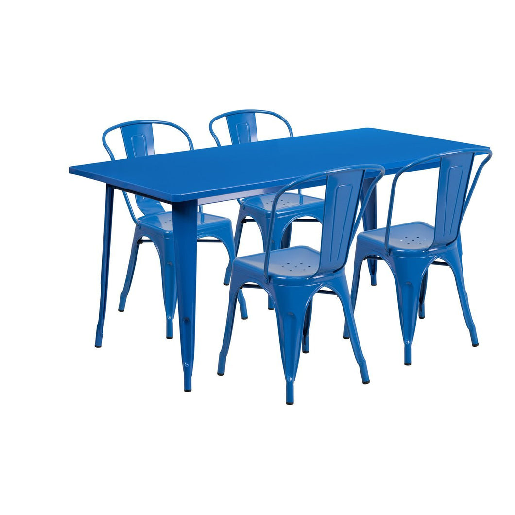 31.5'' x 63'' Rectangular Blue Metal Indoor-Outdoor Table Set with 4 Stack Chairs