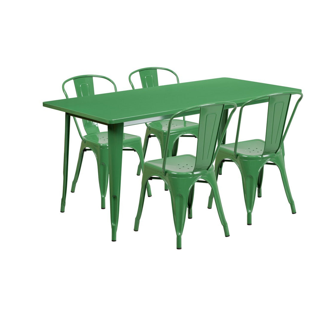 31.5'' x 63'' Rectangular Green Metal Indoor-Outdoor Table Set with 4 Stack Chairs