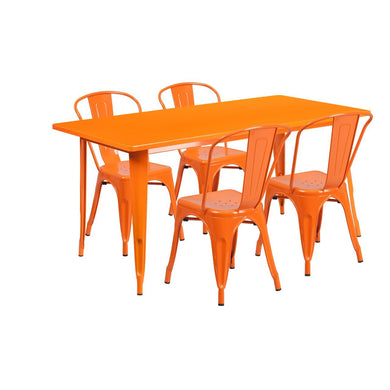 31.5'' x 63'' Rectangular Orange Metal Indoor-Outdoor Table Set with 4 Stack Chairs