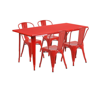 31.5'' x 63'' Rectangular Red Metal Indoor-Outdoor Table Set with 4 Stack Chairs