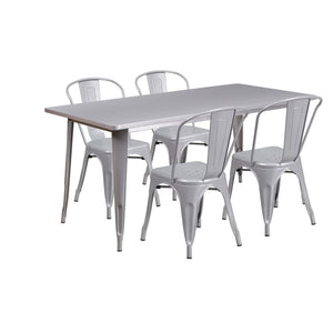 31.5'' x 63'' Rectangular Silver Metal Indoor-Outdoor Table Set with 4 Stack Chairs