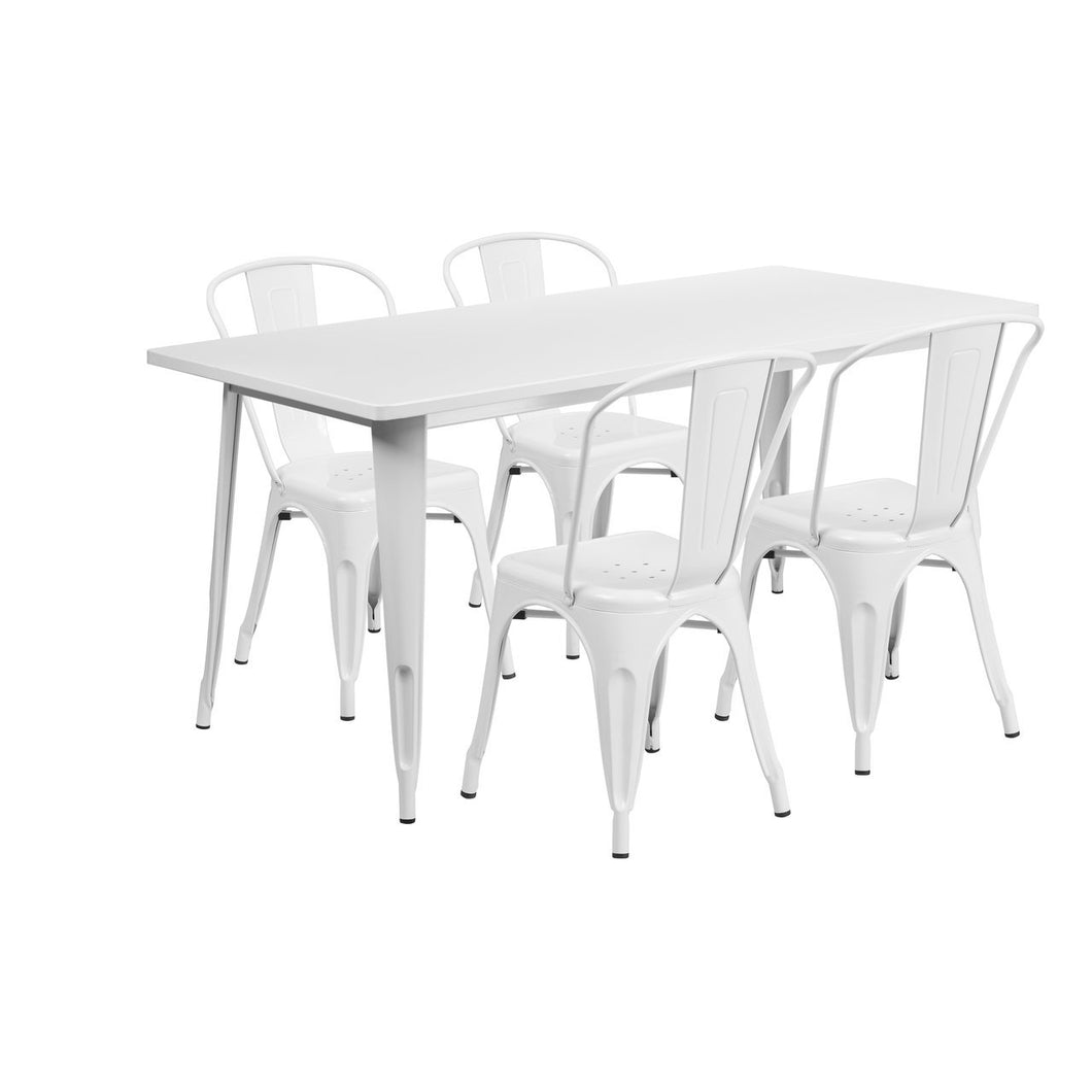31.5'' x 63'' Rectangular White Metal Indoor-Outdoor Table Set with 4 Stack Chairs