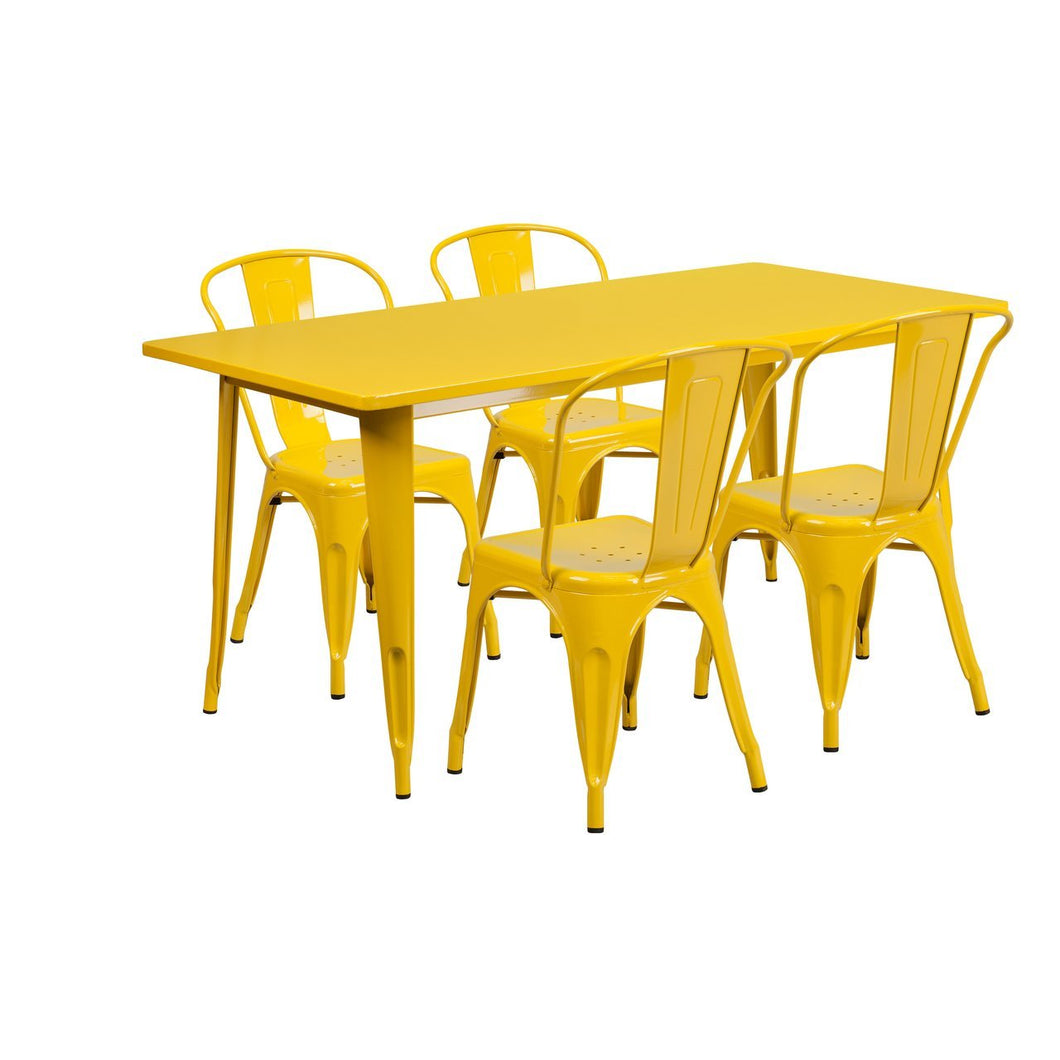 31.5'' x 63'' Rectangular Yellow Metal Indoor-Outdoor Table Set with 4 Stack Chairs