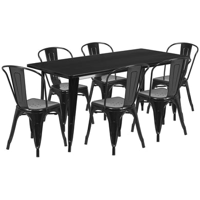 31.5'' x 63'' Rectangular Black Metal Indoor-Outdoor Table Set with 6 Stack Chairs