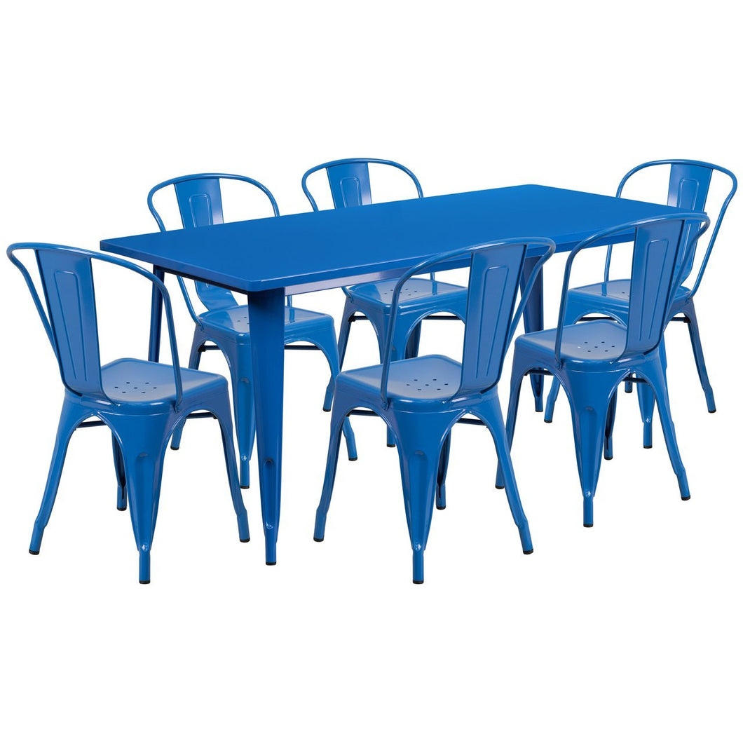 31.5'' x 63'' Rectangular Blue Metal Indoor-Outdoor Table Set with 6 Stack Chairs