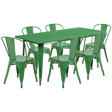 31.5'' x 63'' Rectangular Green Metal Indoor-Outdoor Table Set with 6 Stack Chairs