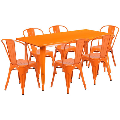 31.5'' x 63'' Rectangular Orange Metal Indoor-Outdoor Table Set with 6 Stack Chairs