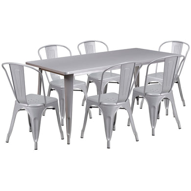 31.5'' x 63'' Rectangular Silver Metal Indoor-Outdoor Table Set with 6 Stack Chairs