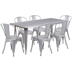 31.5'' x 63'' Rectangular Silver Metal Indoor-Outdoor Table Set with 6 Stack Chairs