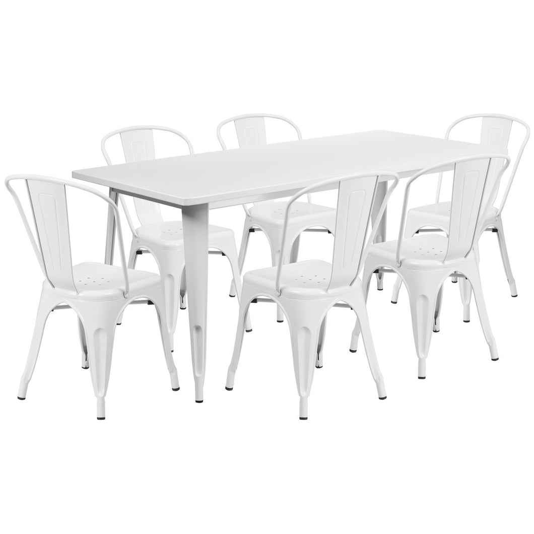 31.5'' x 63'' Rectangular White Metal Indoor-Outdoor Table Set with 6 Stack Chairs