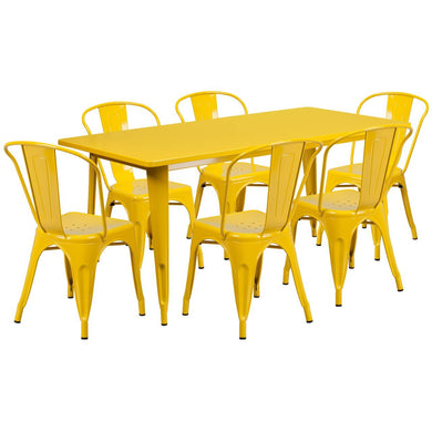 31.5'' x 63'' Rectangular Yellow Metal Indoor-Outdoor Table Set with 6 Stack Chairs