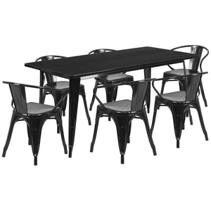 31.5'' x 63'' Rectangular Black Metal Indoor-Outdoor Table Set with 6 Arm Chairs