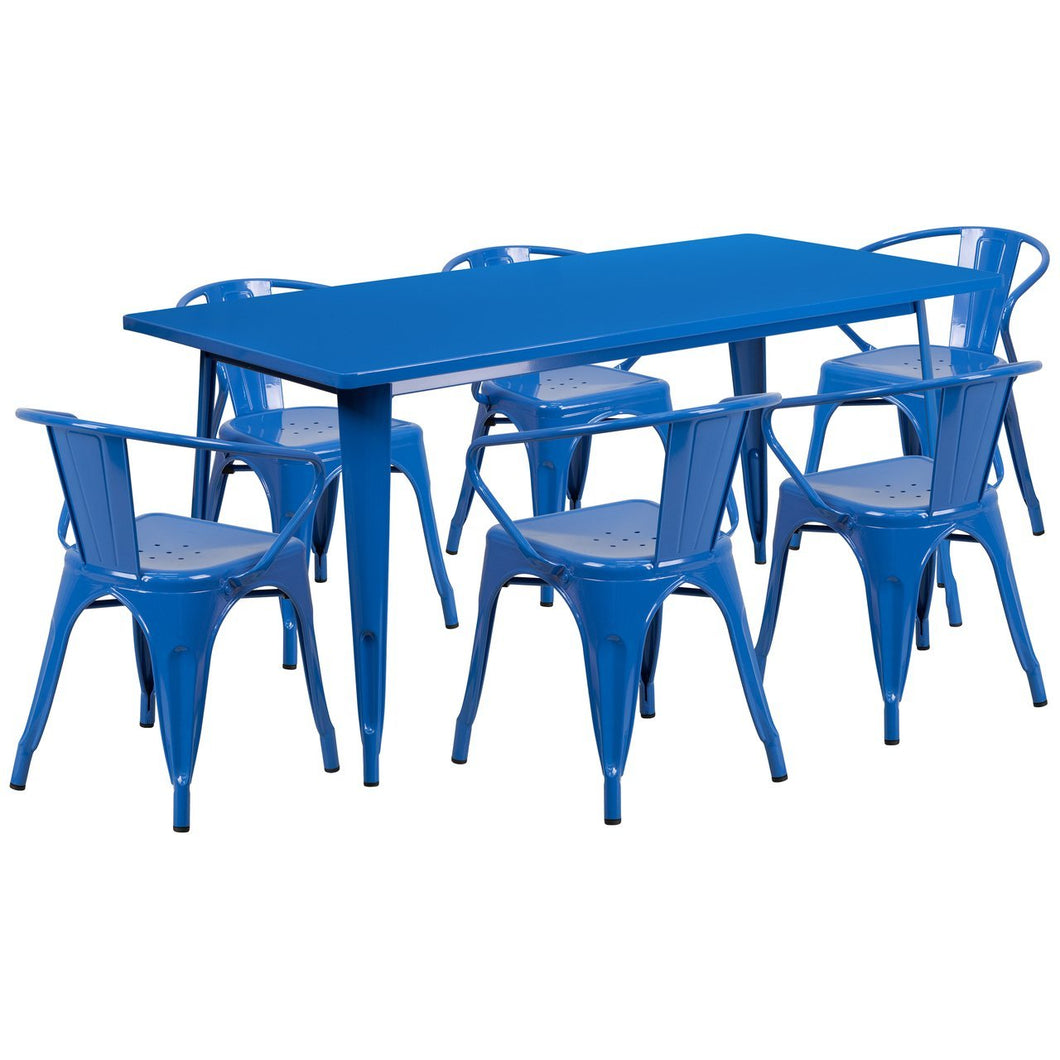 31.5'' x 63'' Rectangular Blue Metal Indoor-Outdoor Table Set with 6 Arm Chairs
