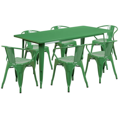 31.5'' x 63'' Rectangular Green Metal Indoor-Outdoor Table Set with 6 Arm Chairs
