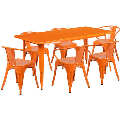 31.5'' x 63'' Rectangular Orange Metal Indoor-Outdoor Table Set with 6 Arm Chairs