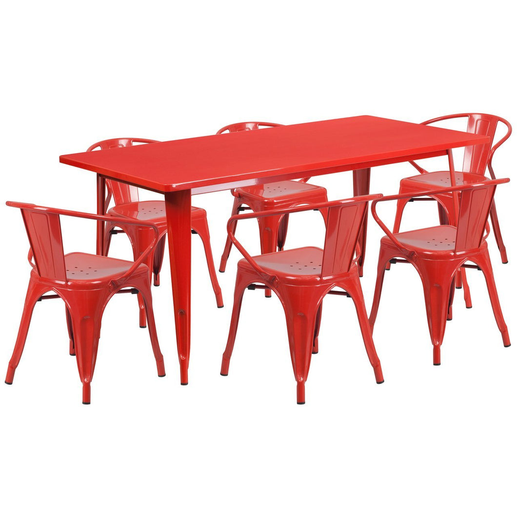 31.5'' x 63'' Rectangular Red Metal Indoor-Outdoor Table Set with 6 Arm Chairs
