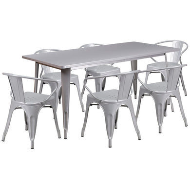 31.5'' x 63'' Rectangular Silver Metal Indoor-Outdoor Table Set with 6 Arm Chairs