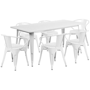 31.5'' x 63'' Rectangular White Metal Indoor-Outdoor Table Set with 6 Arm Chairs