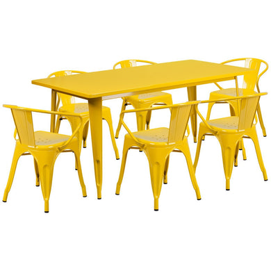 31.5'' x 63'' Rectangular Yellow Metal Indoor-Outdoor Table Set with 6 Arm Chairs