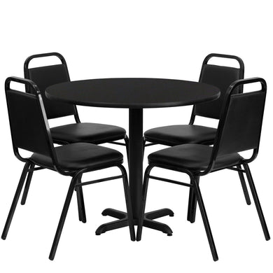 36'' Round Black Laminate Table Set with 4 Black Trapezoidal Back Banquet Chairs