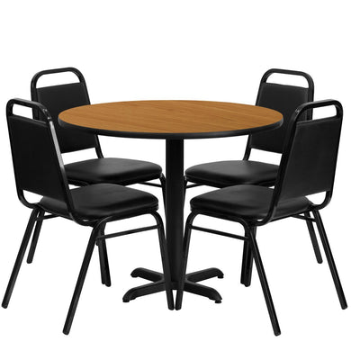 36'' Round Natural Laminate Table Set with 4 Black Trapezoidal Back Banquet Chairs