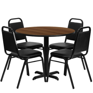 36'' Round Walnut Laminate Table Set with 4 Black Trapezoidal Back Banquet Chairs