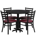 36'' Round Black Laminate Table Set with 4 Ladder Back Metal Chairs - Burgundy Vinyl Seat