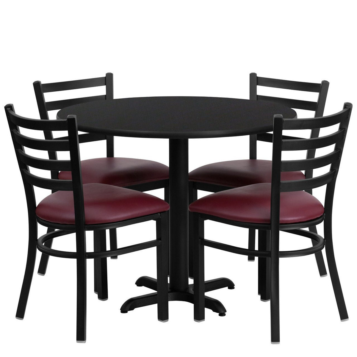 36'' Round Black Laminate Table Set with 4 Ladder Back Metal Chairs - Burgundy Vinyl Seat